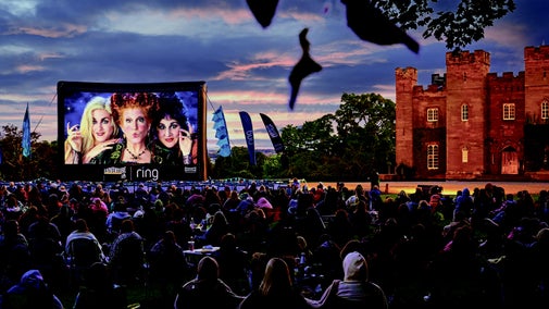 A crowd sit watching outdoor cinema at an event.